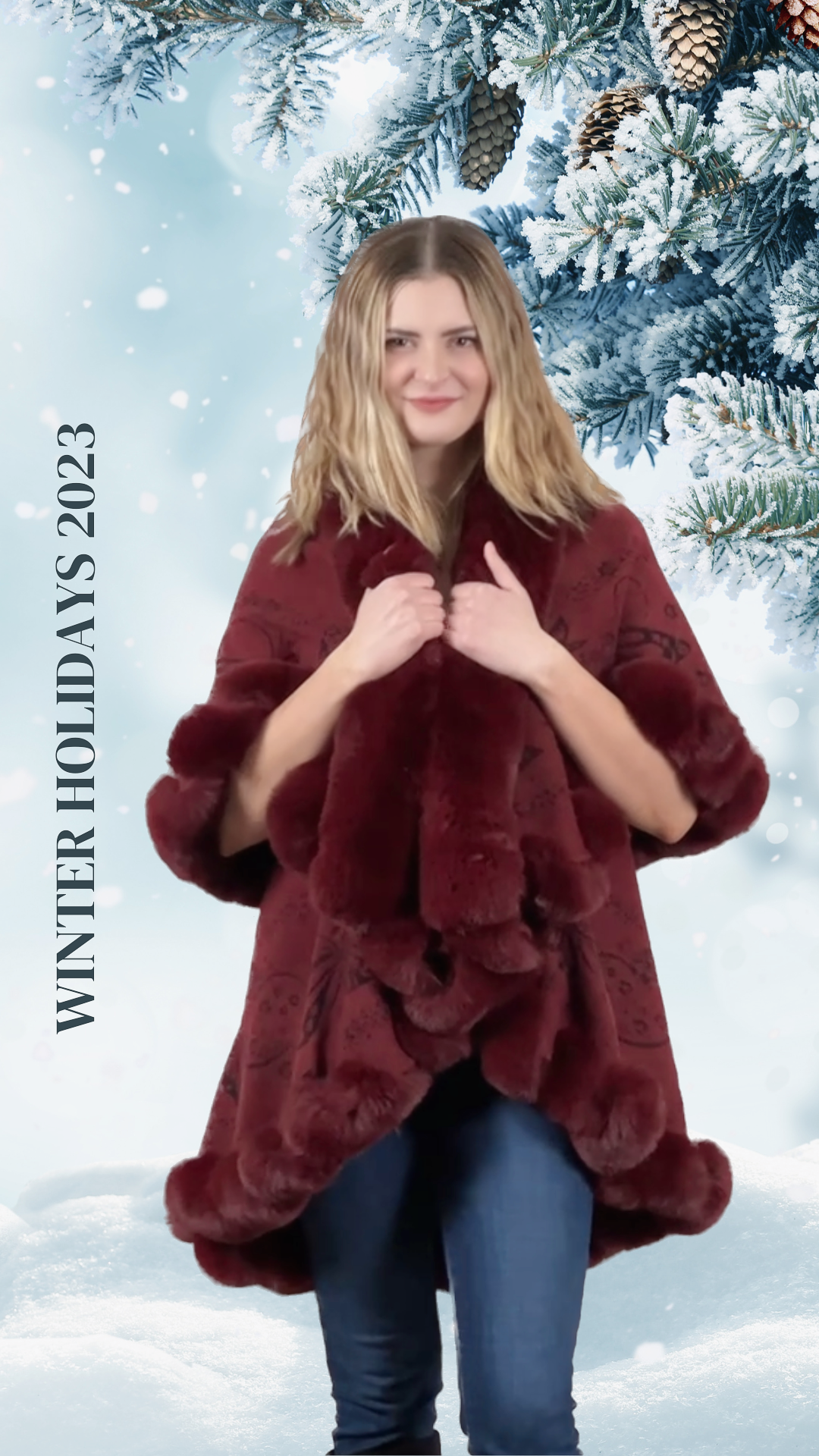 Faux Fur Trim Kimono Knitted Cape with butterfly jacquard pattern - Burgundy