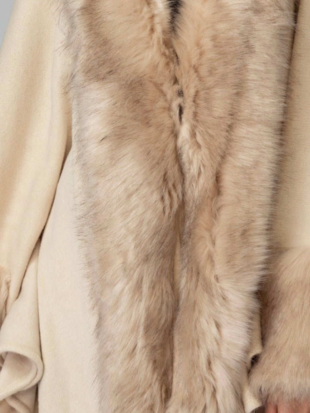 Fur Trim Kimono Knitted Cape with Autumn Winter Imitation Rabbit Fur Collar Windproof Cloak Boho Style Fur Collar Shawl Warm Cardigan solid color - Oatmeal