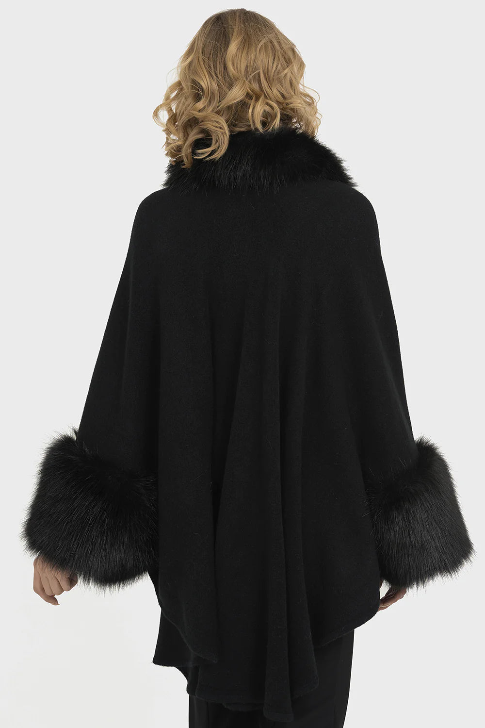 Faux Fur Trim front collar & cuff Kimono Knitted Cape - Black