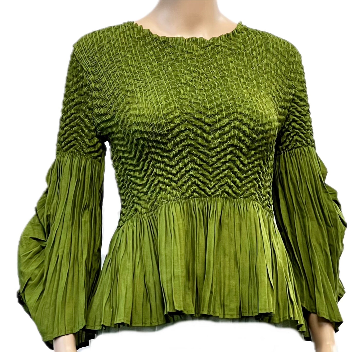 Pleated blouse top with flared sleeves & sweep (Green)