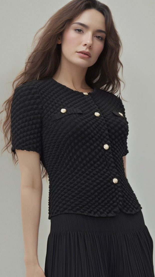 Pleated Chanel look mock jacket top with buttons ( Black )
