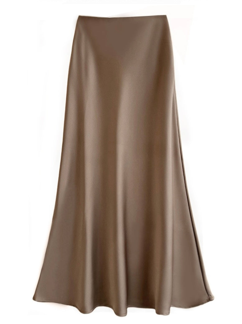 Sateen Maxi Skirt with Elastic Waistband and invisible zipper ( Black )