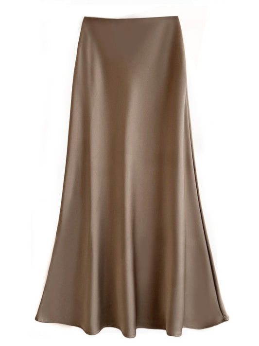Sateen Maxi Skirt with Elastic Waistband and invisible zipper ( Latte)
