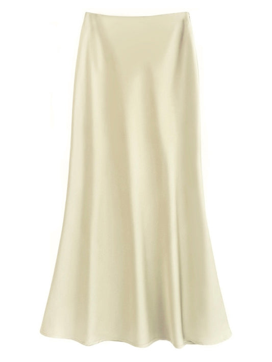 Sateen Maxi Skirt with Elastic Waistband and invisible zipper ( Cream )