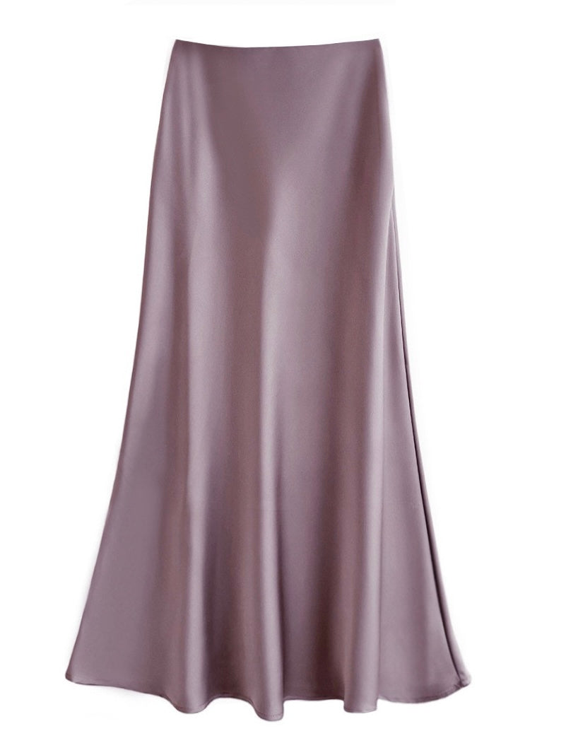 Sateen Maxi Skirt with Elastic Waistband and invisible zipper ( Black )