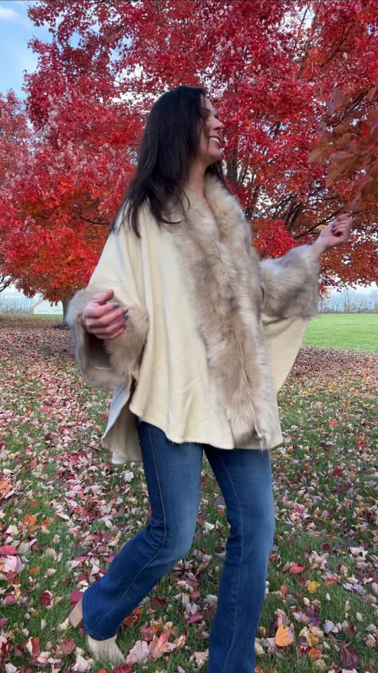 Fur Trim Kimono Knitted Cape with Autumn Winter Imitation Rabbit Fur Collar Windproof Cloak Boho Style Fur Collar Shawl Warm Cardigan solid color - Oatmeal