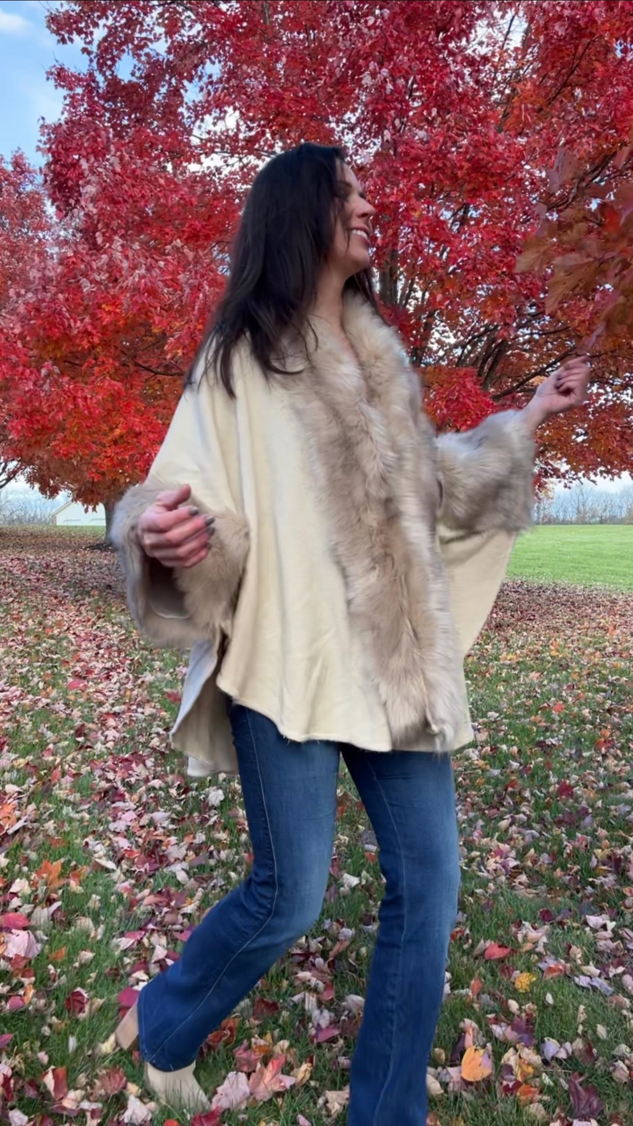 Fur Trim Kimono Knitted Cape with  Autumn Winter Imitation Rabbit Fur Collar Windproof Cloak Boho Style  Fur Collar Shawl Warm Cardigan solid color - Oatmeal