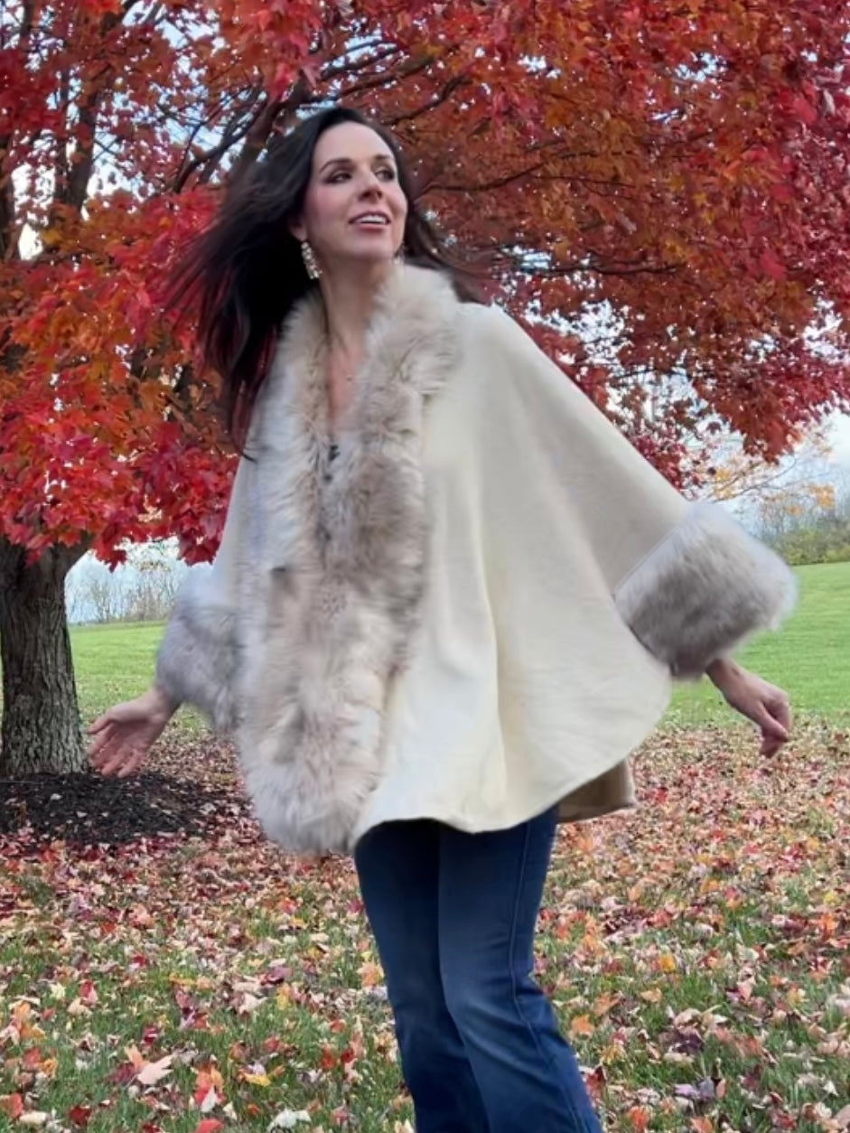 Fur Trim Kimono Knitted Cape with Autumn Winter Imitation Rabbit Fur Collar Windproof Cloak Boho Style Fur Collar Shawl Warm Cardigan solid color - Oatmeal