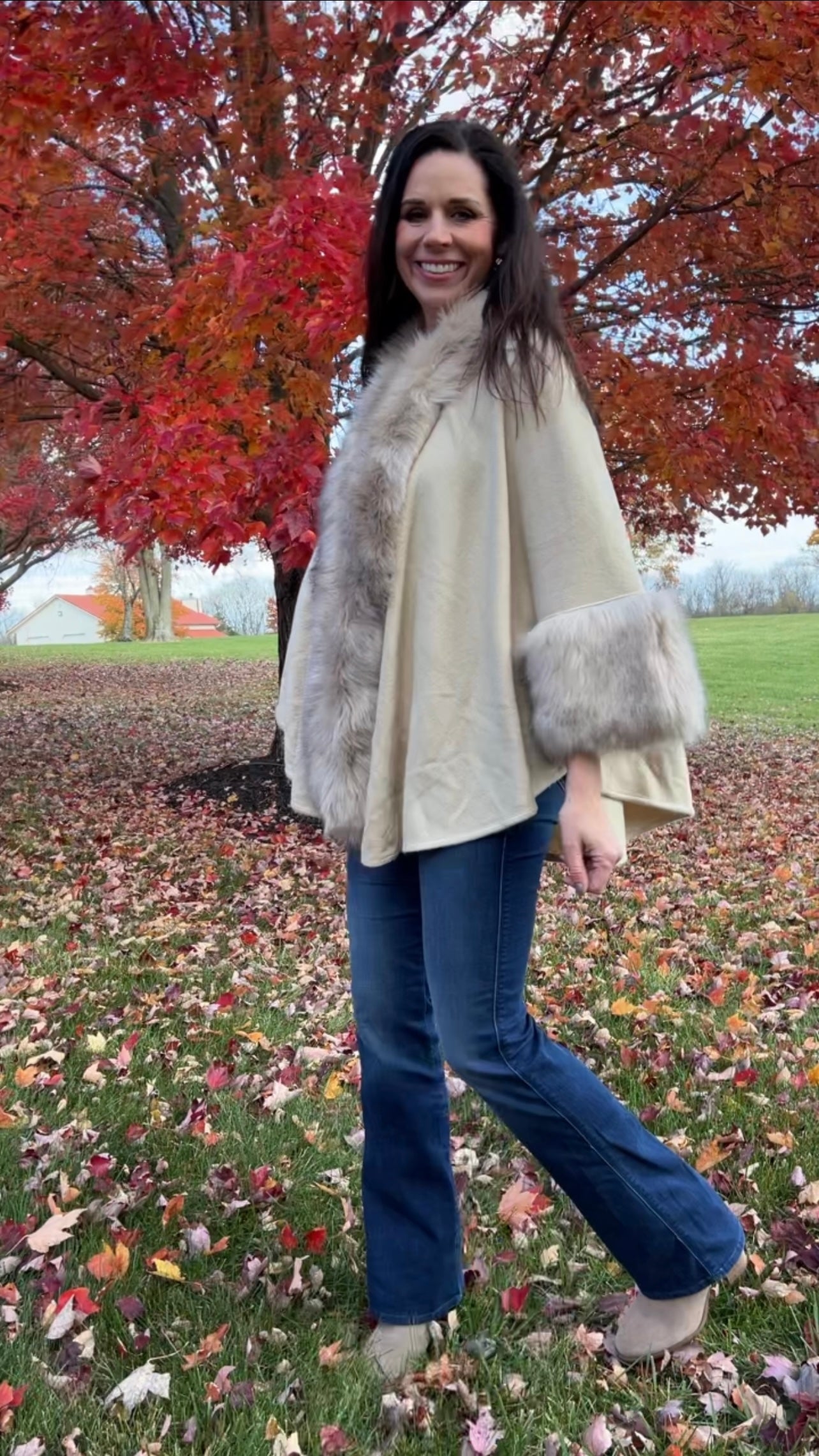 Fur Trim Kimono Knitted Cape with  Autumn Winter Imitation Rabbit Fur Collar Windproof Cloak Boho Style  Fur Collar Shawl Warm Cardigan solid color - Oatmeal