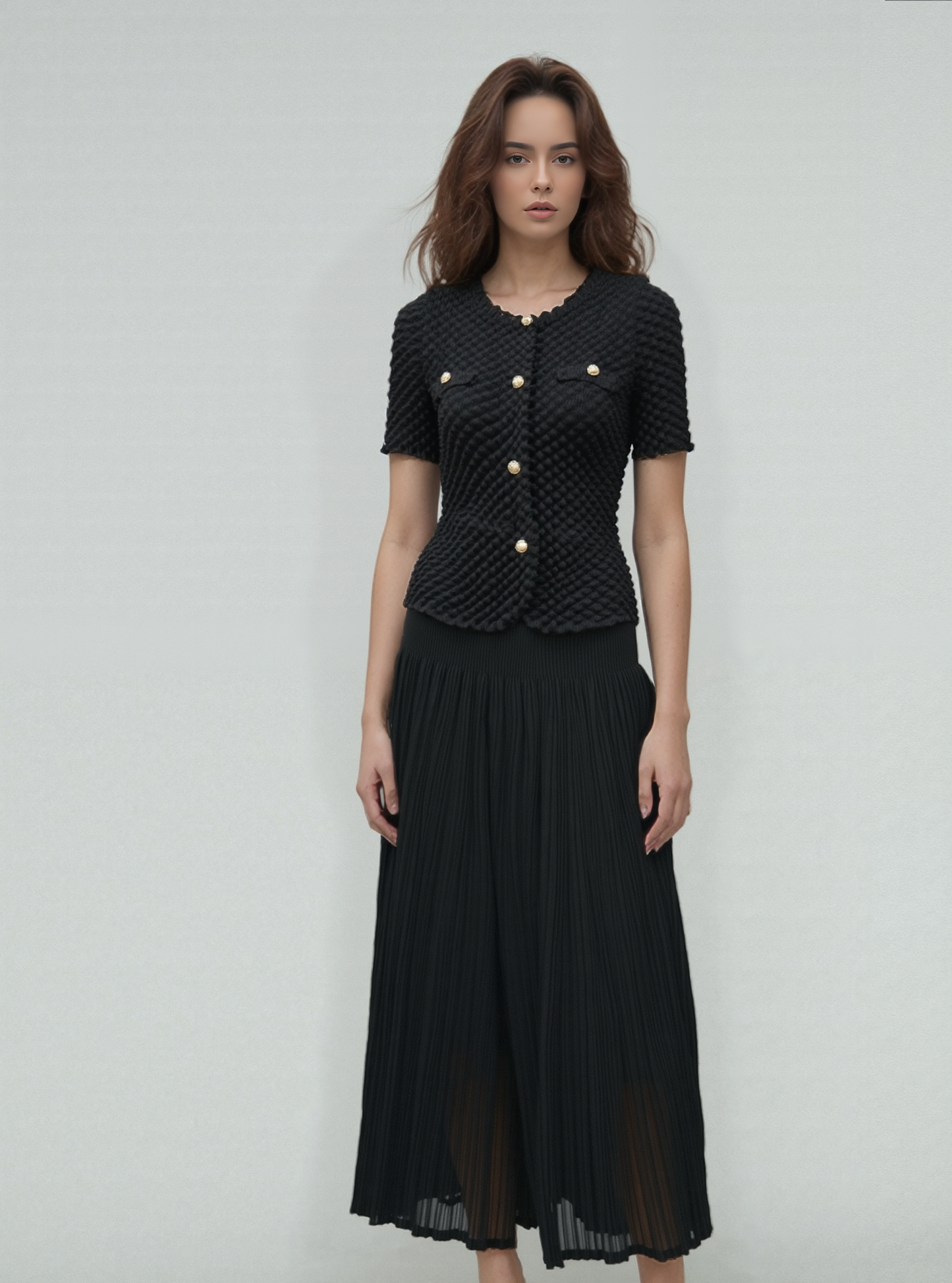 Pleated Chanel look mock jacket top with buttons ( Black )