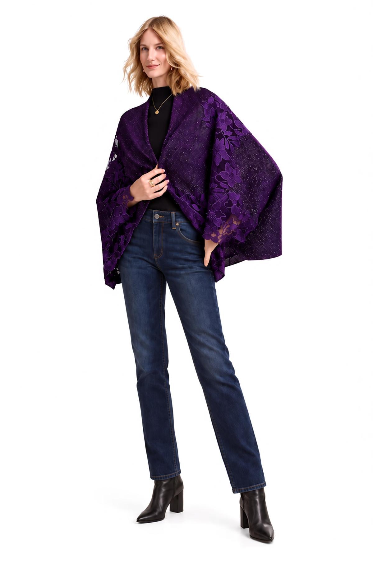 Floral Lace Insert Shimmer Knit Kimono - Holiday Red