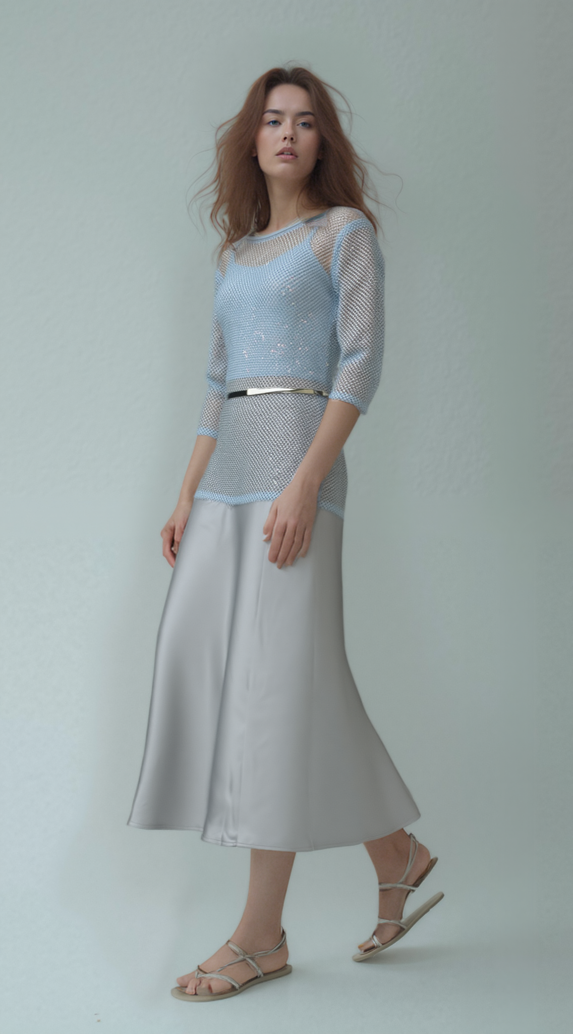 Diamond mesh 3/4 Sleeve Top with Matching Cami( 4 sizes options) (Blue)