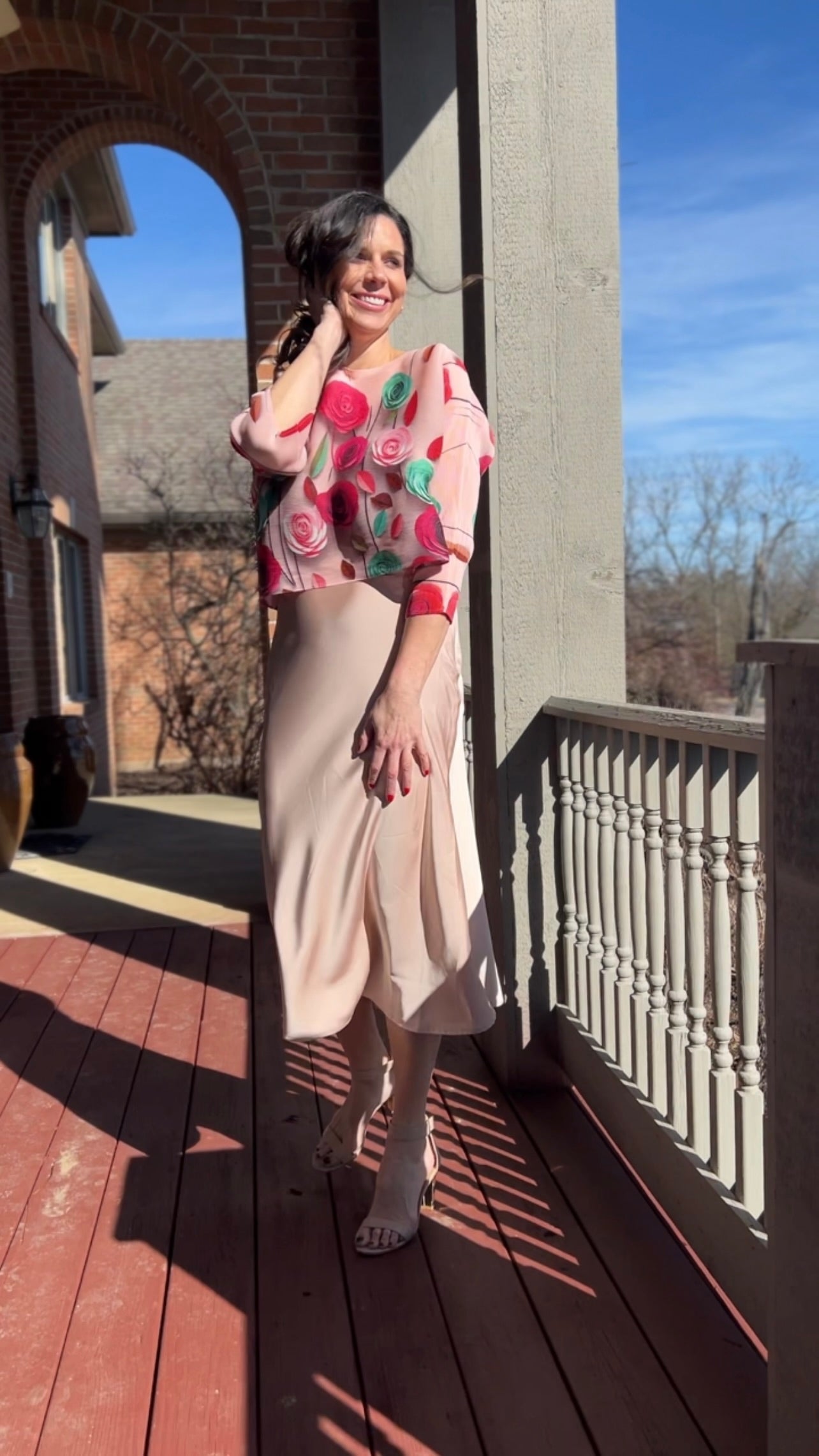 Pleated Rose print Long sleeves Top ( Pink)