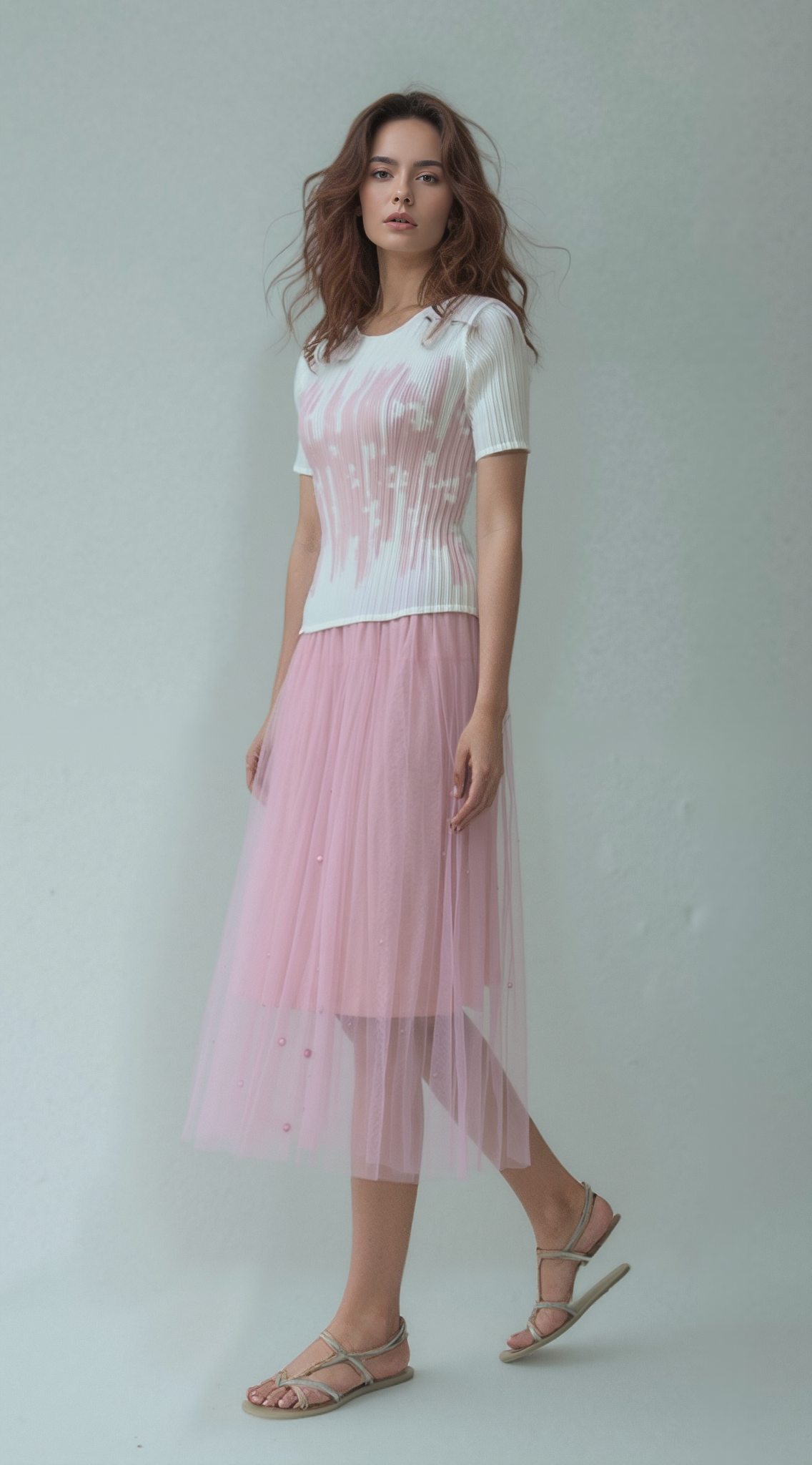 Pleated short sleeves top with print (white/Pink)