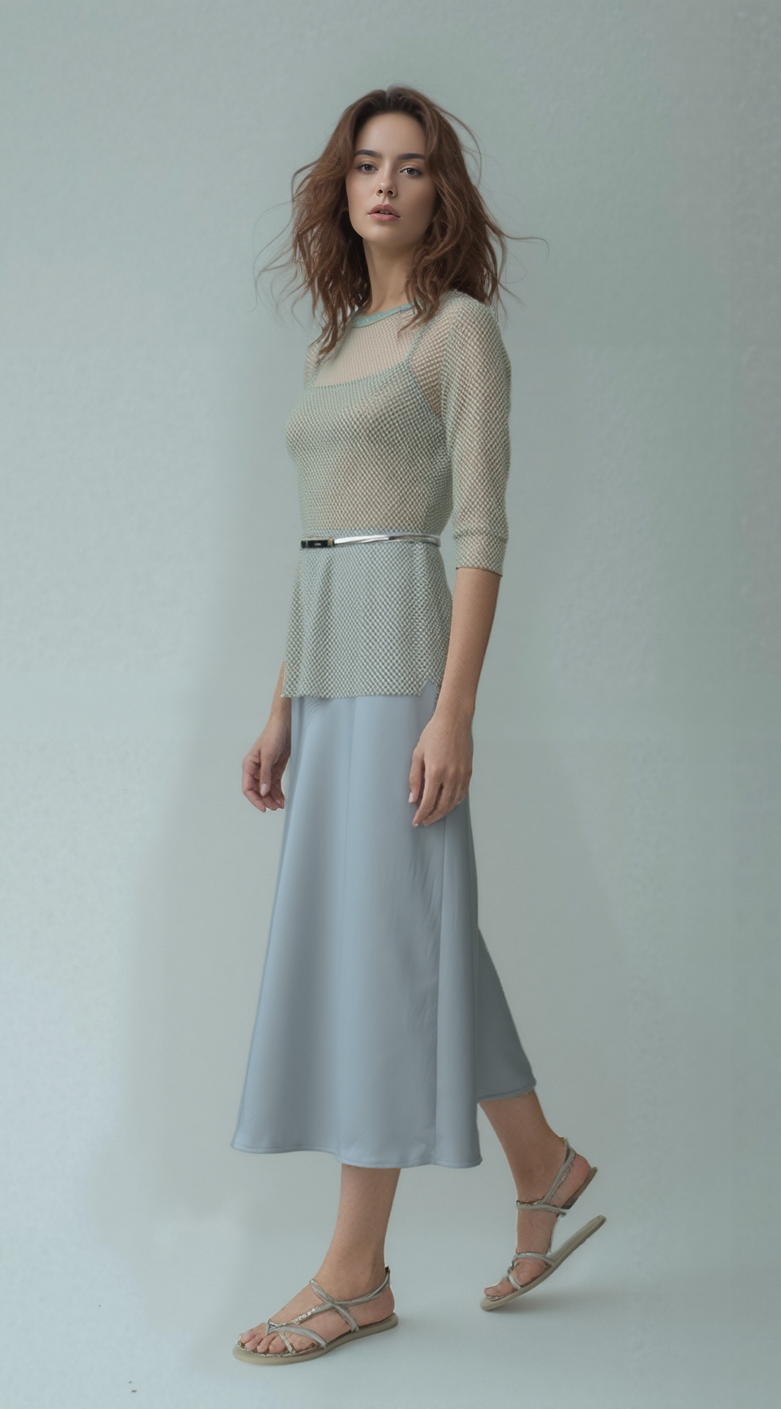 Diamond mesh 3/4 Sleeve Top with Matching Cami( 4 sizes options) ( Sage)