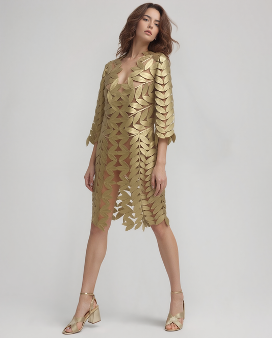 Faux Leather leaves long Jacket with 3/4 sleeves (Gold)