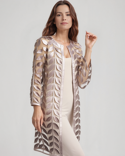 Faux Leather leaves long Jacket with 3/4 sleeves (Silvergun)