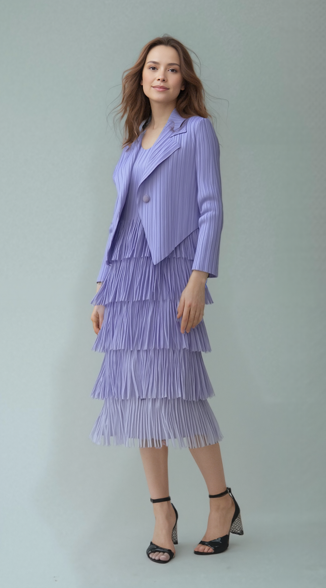Pleating with fringe Dress set - Ombre effect (Purple)