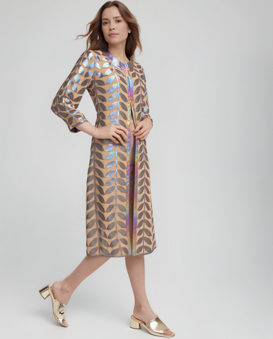 Faux Leather leaves long Jacket with 3/4 sleeves (Laser Shine)