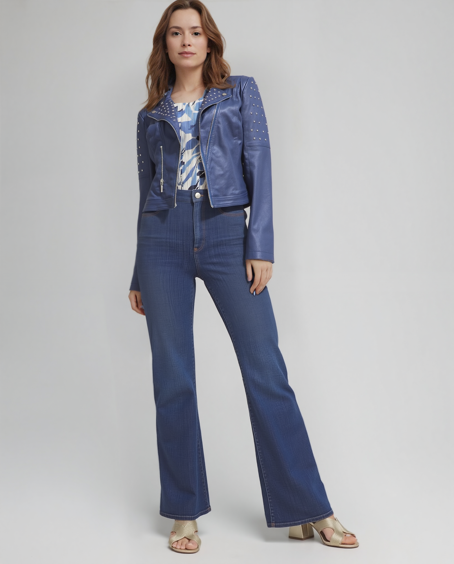 Foil Faux Leather jacket with rivets trim (Royal blue)