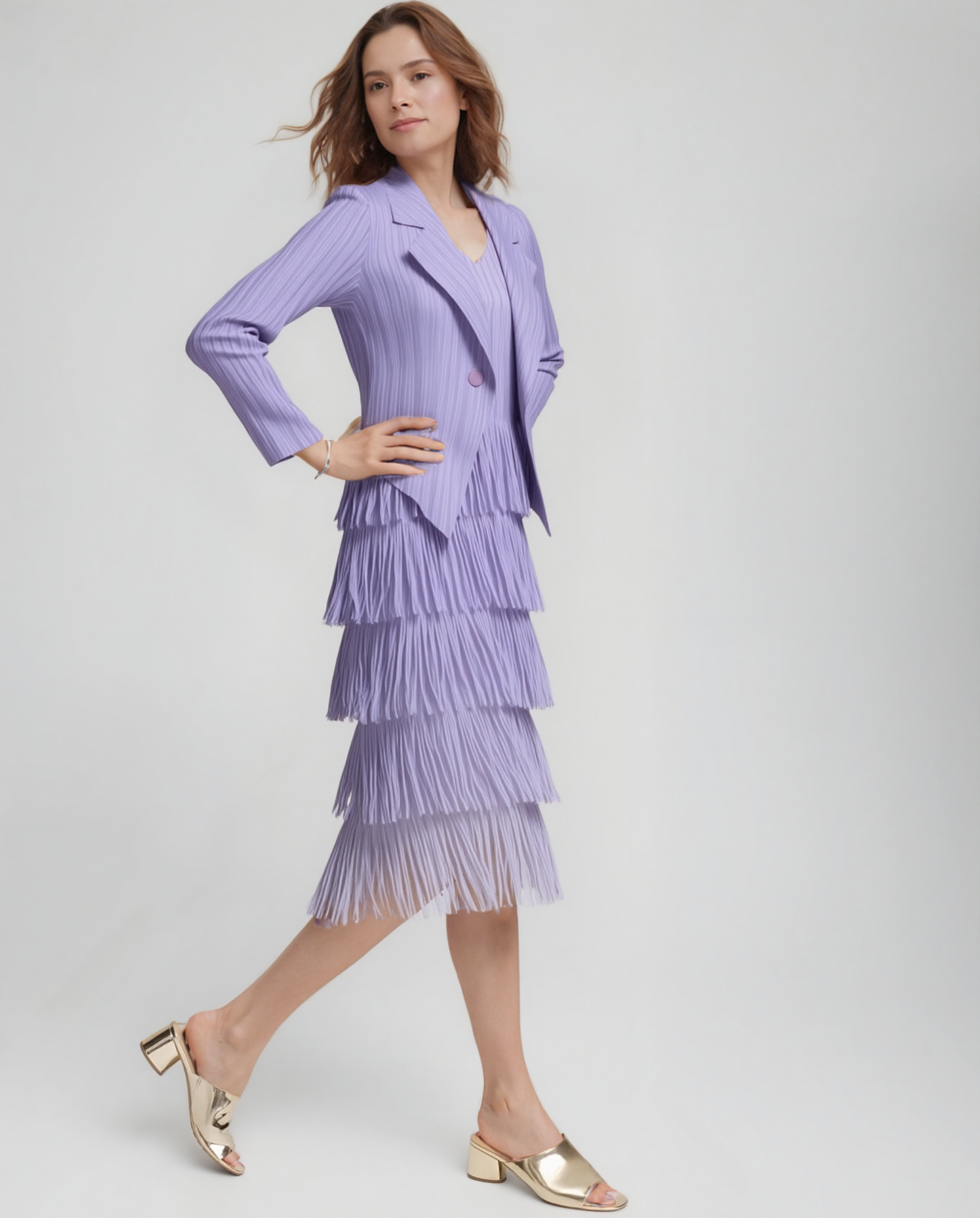 Pleating with fringe Dress set - Ombre effect (Purple)
