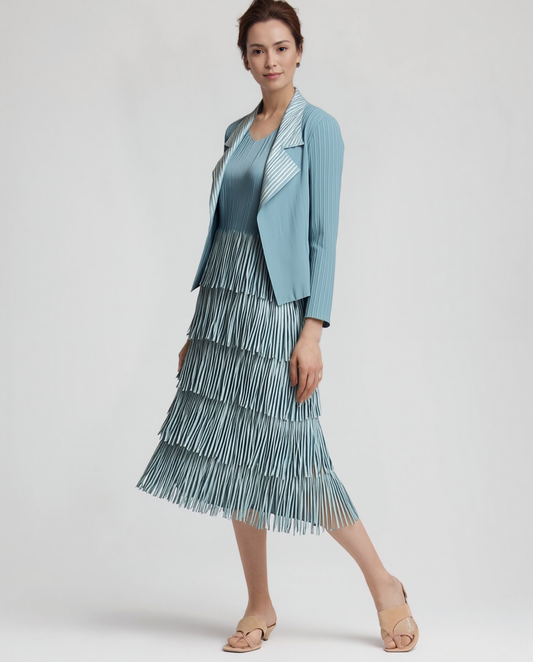 Pleating with fringe Dress set (Blue)