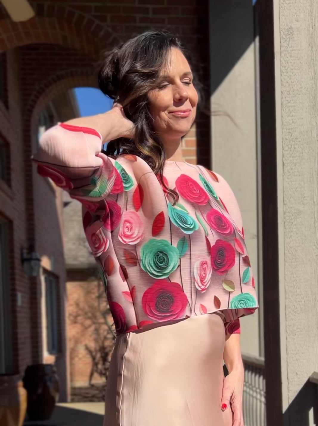 Pleated Rose print Long sleeves Top ( Pink)