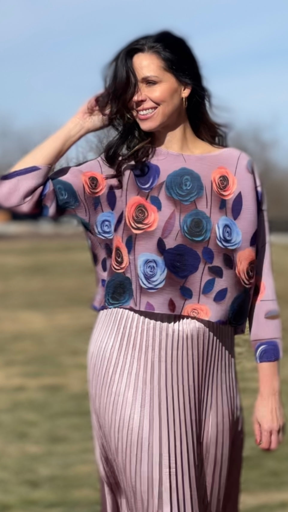 Pleated Rose print Long sleeves Top ( Lilac)