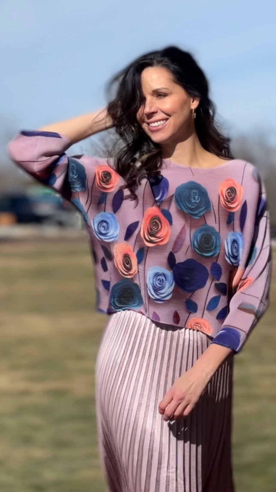 Pleated Rose print Long sleeves Top ( Lilac)