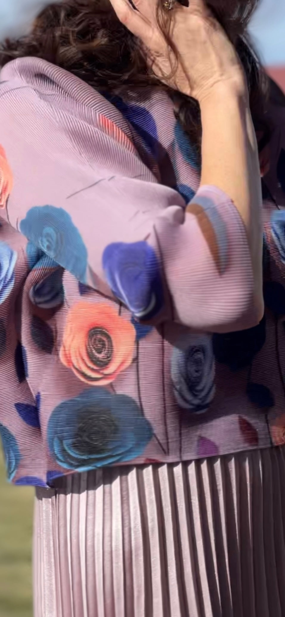 Pleated Rose print Long sleeves Top ( Lilac)