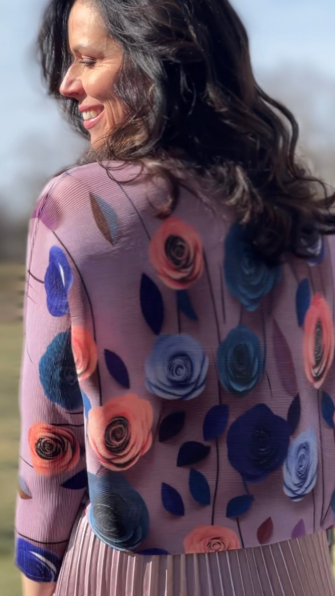 Pleated Rose print Long sleeves Top ( Lilac)