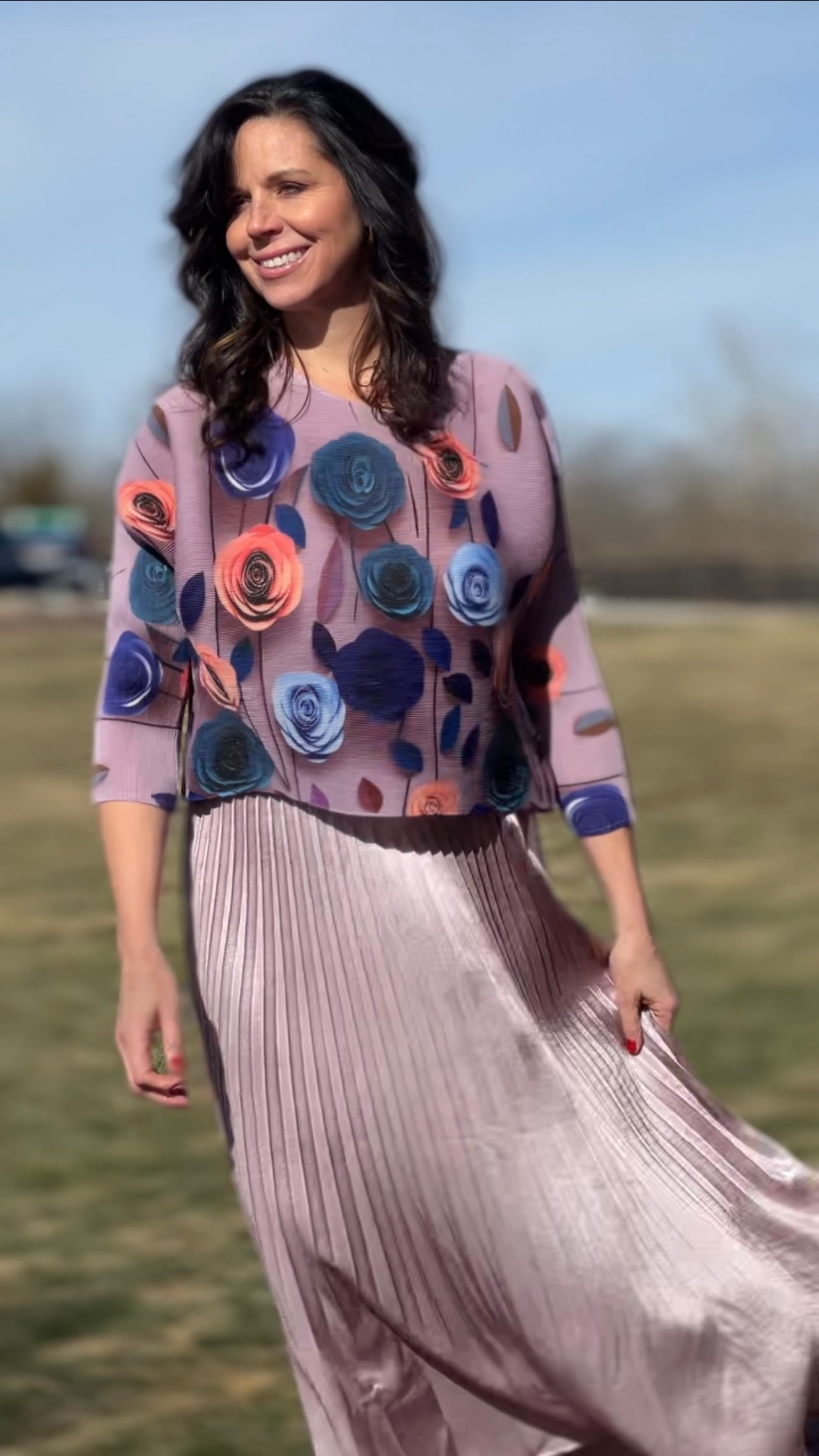 Pleated Rose print Long sleeves Top ( Lilac)