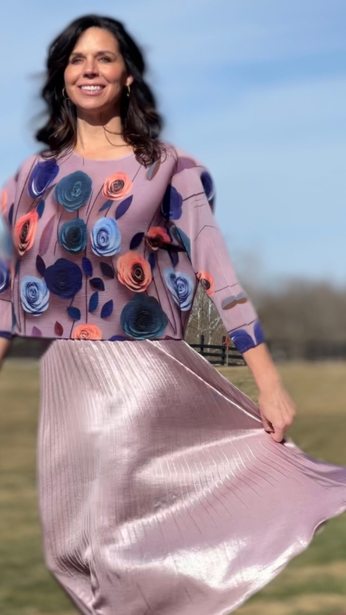 Pleated Rose print Long sleeves Top ( Lilac)
