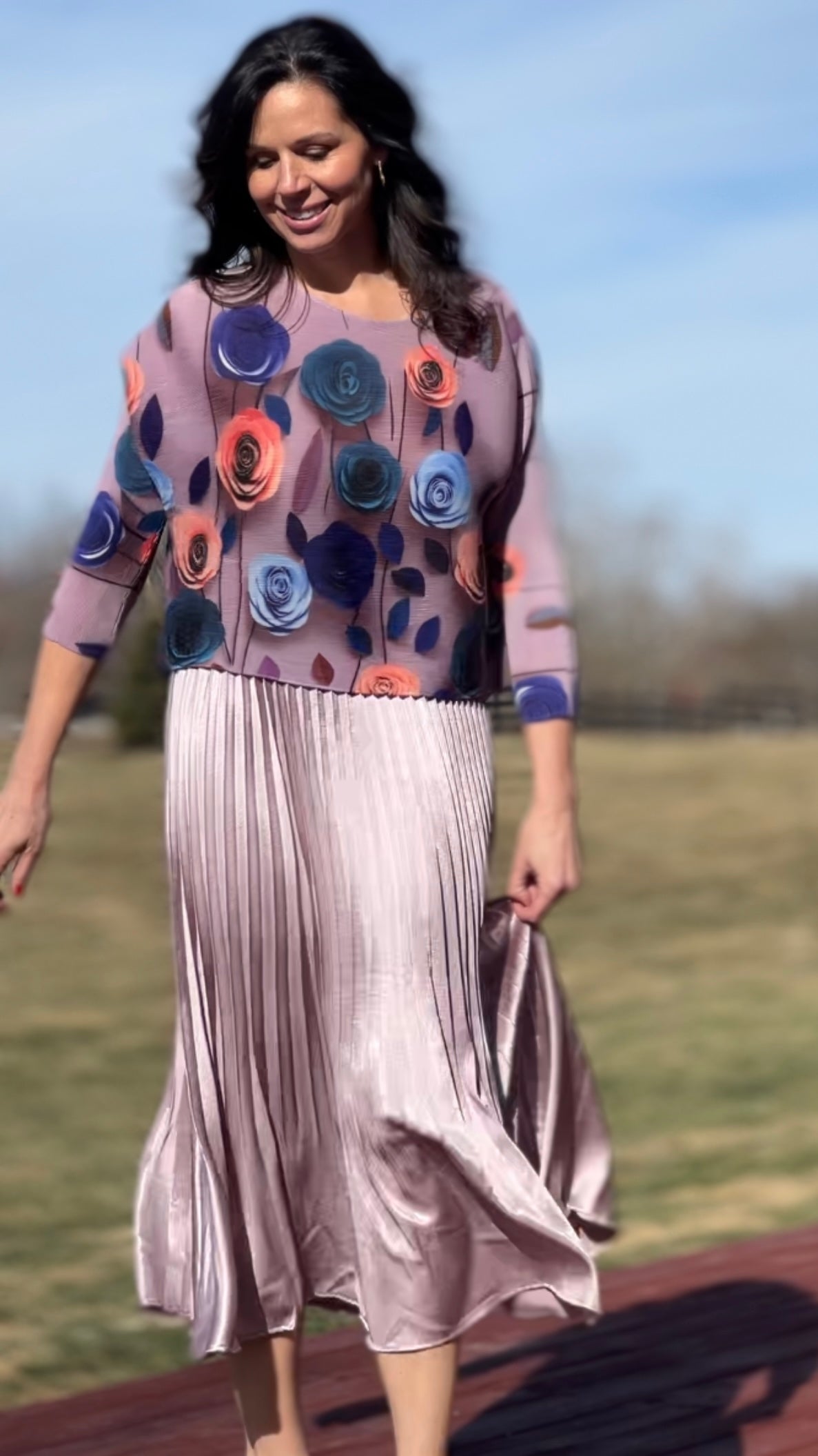 Pleated Rose print Long sleeves Top ( Lilac)
