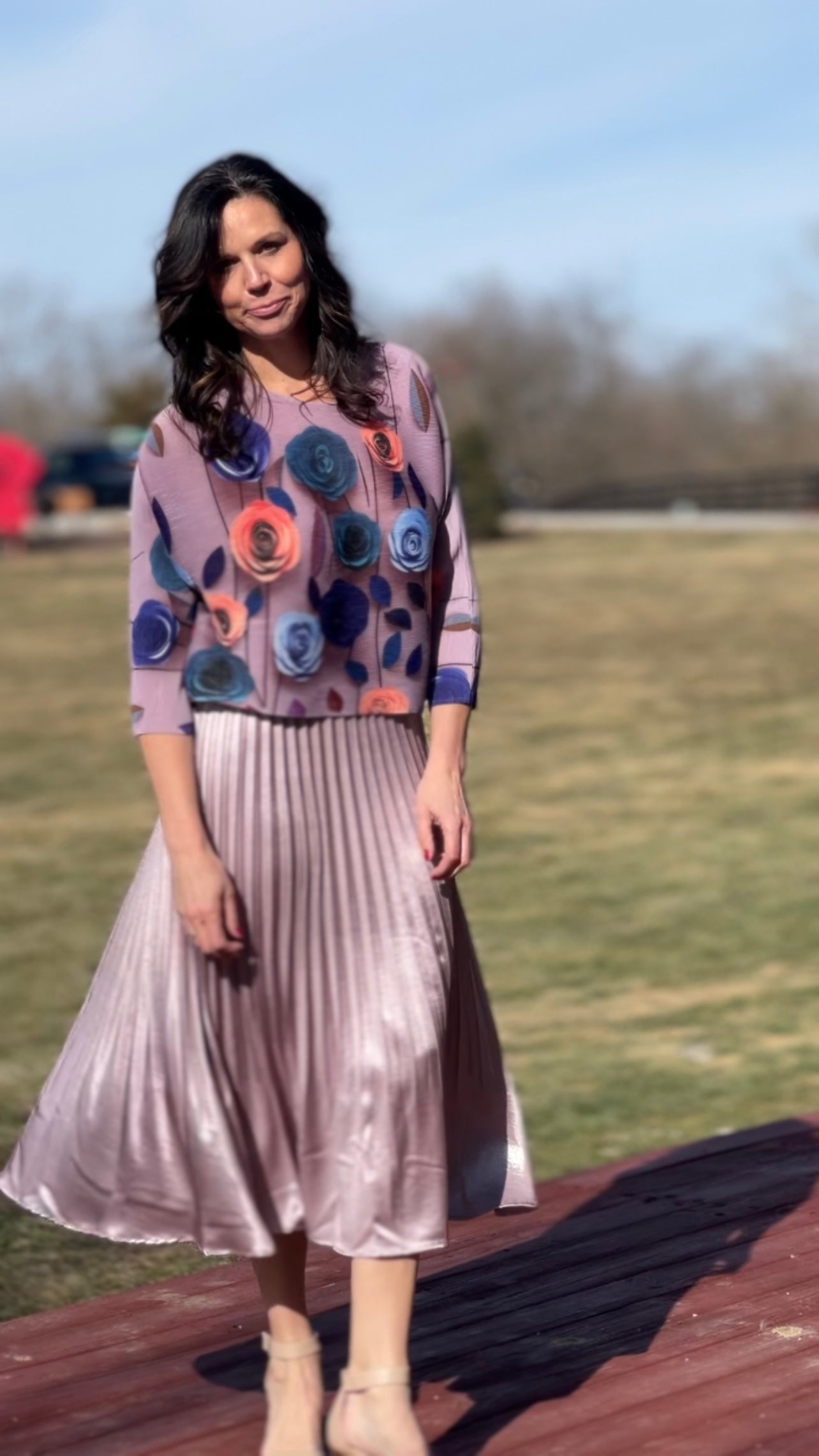 Pleated Rose print Long sleeves Top ( Lilac)