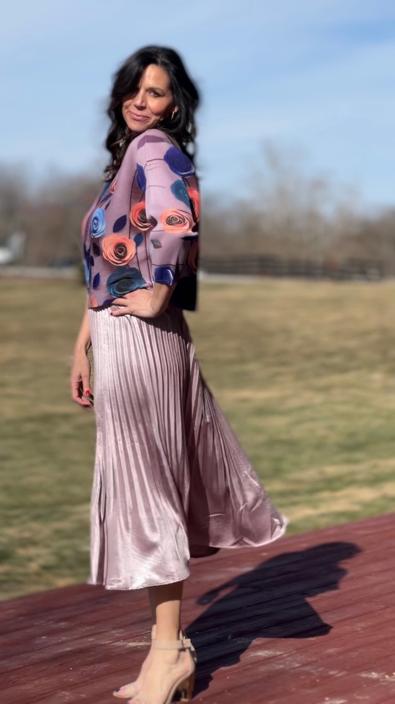 Pleated Rose print Long sleeves Top ( Lilac)
