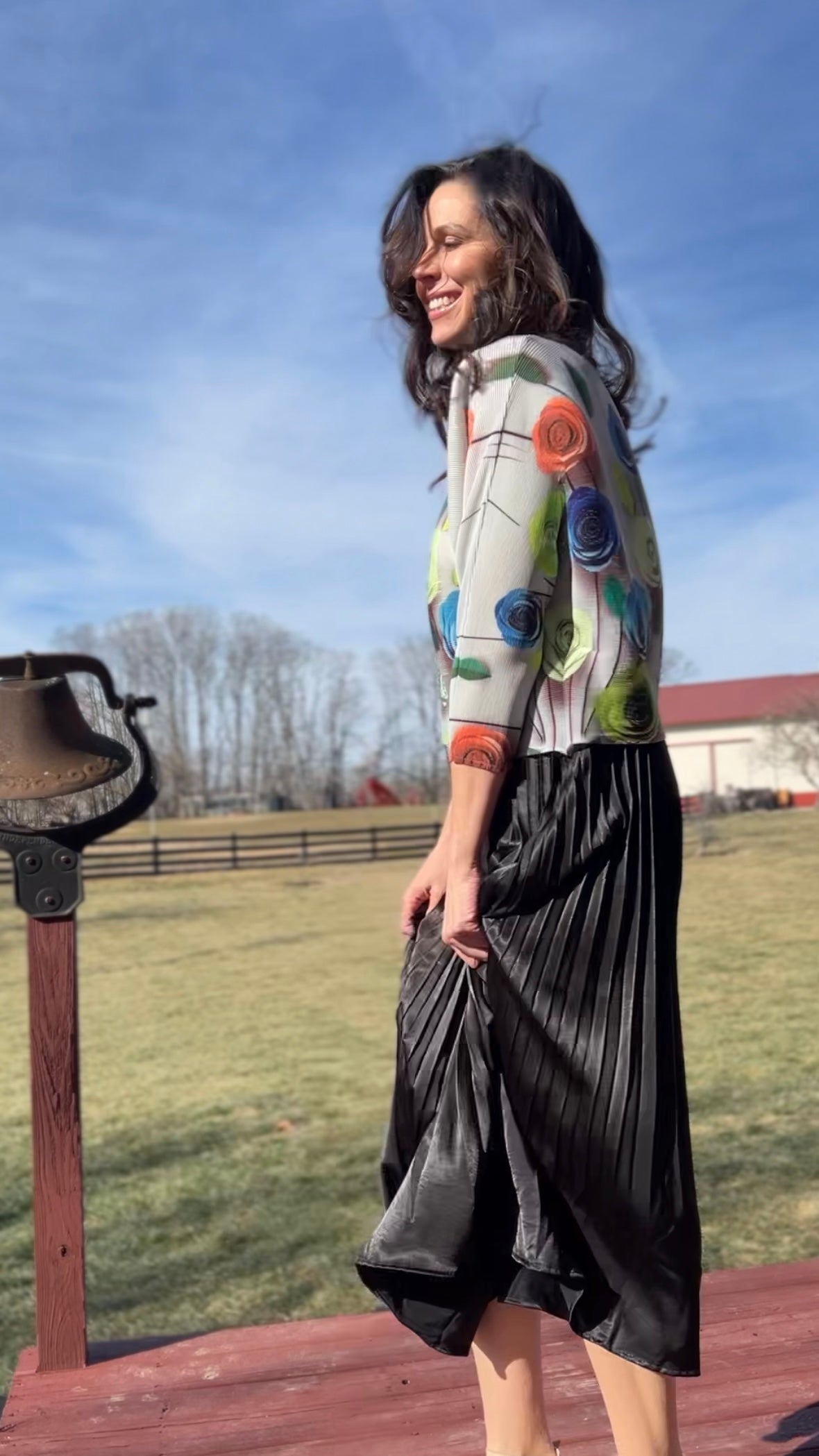 Pleated Rose print Long sleeves Top ( Grey)