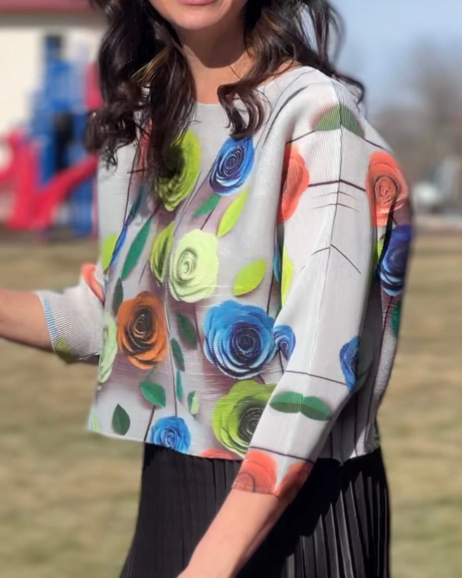Pleated Rose print Long sleeves Top ( Grey)