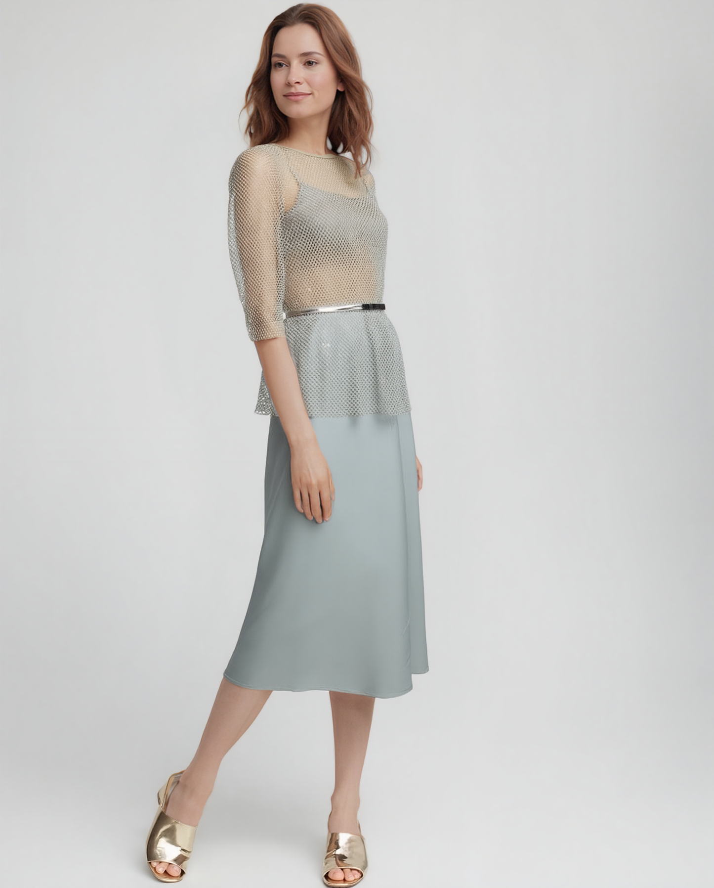 Diamond mesh 3/4 Sleeve Top with Matching Cami( 4 sizes options) ( Sage)