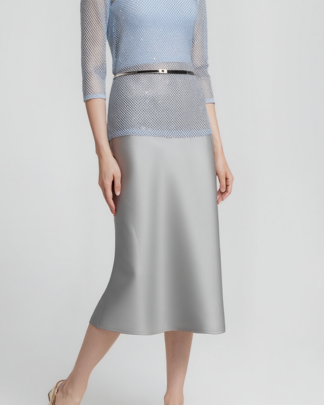 Sateen Maxi Skirt with Elastic Waistband and invisible zipper ( Grey )