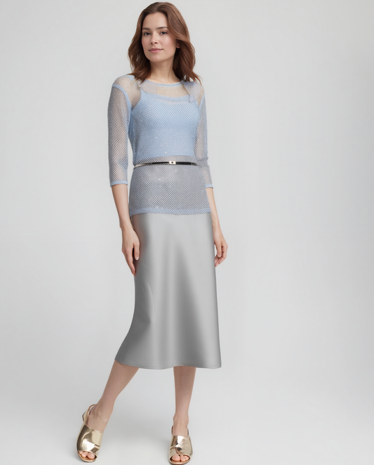 Sateen Maxi Skirt with Elastic Waistband and invisible zipper ( Grey )