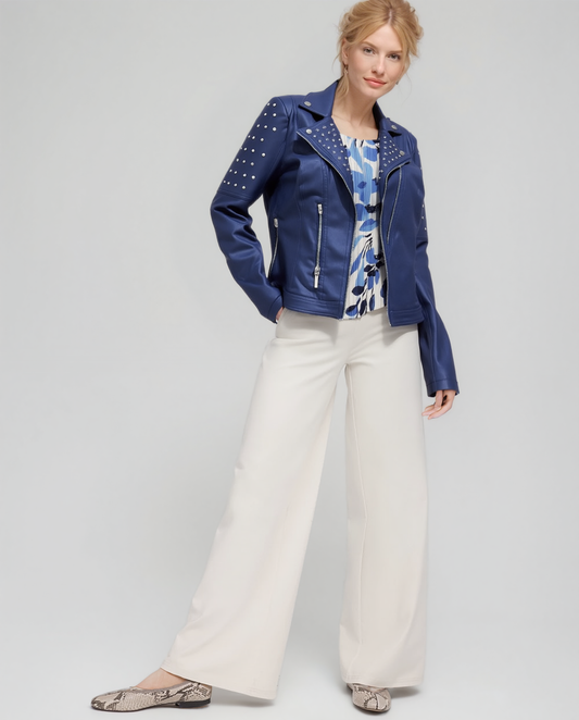 Foil Faux Leather jacket with rivets trim (Royal blue)