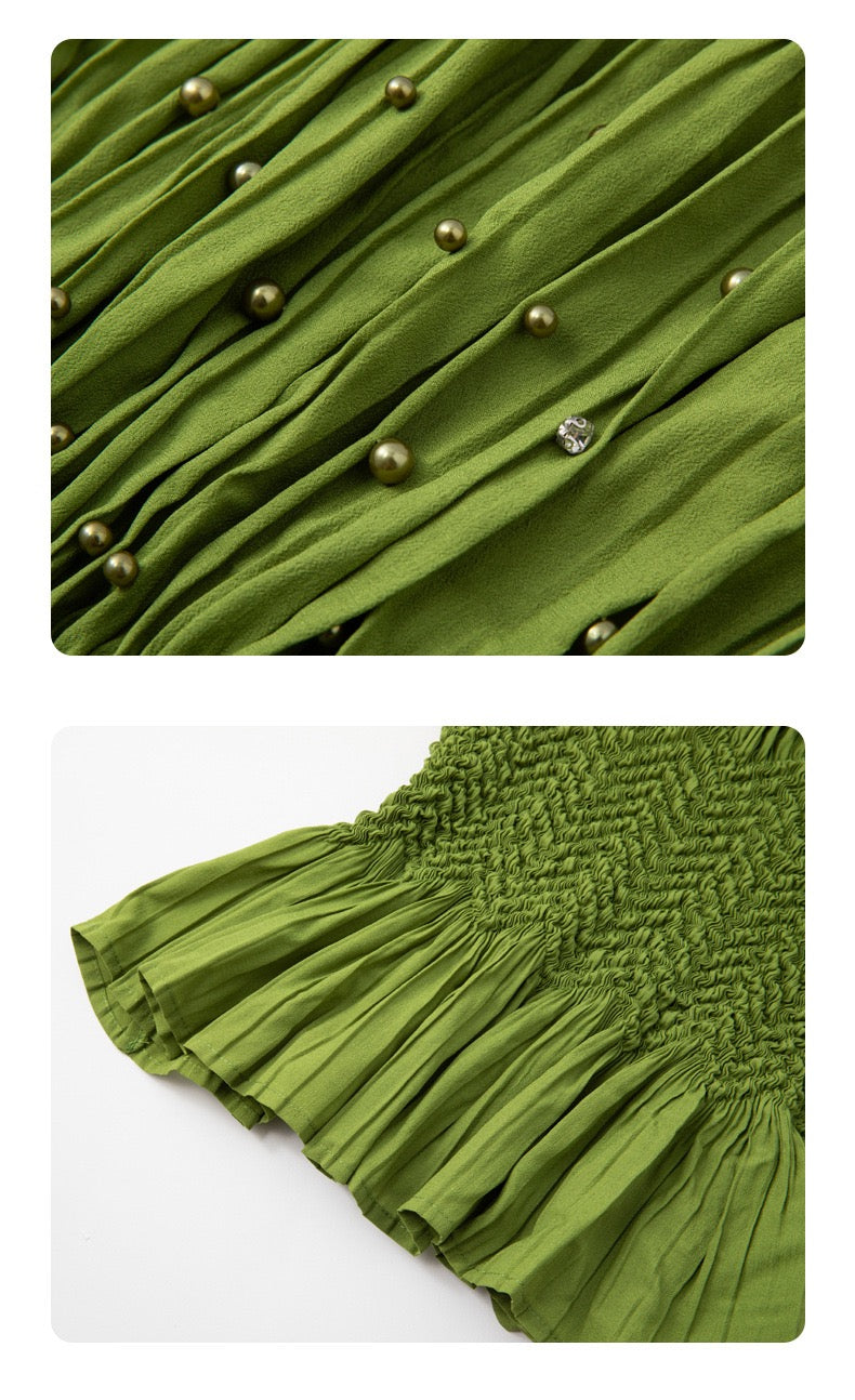 Pleated blouse top with pearls & Diamonds (Green)