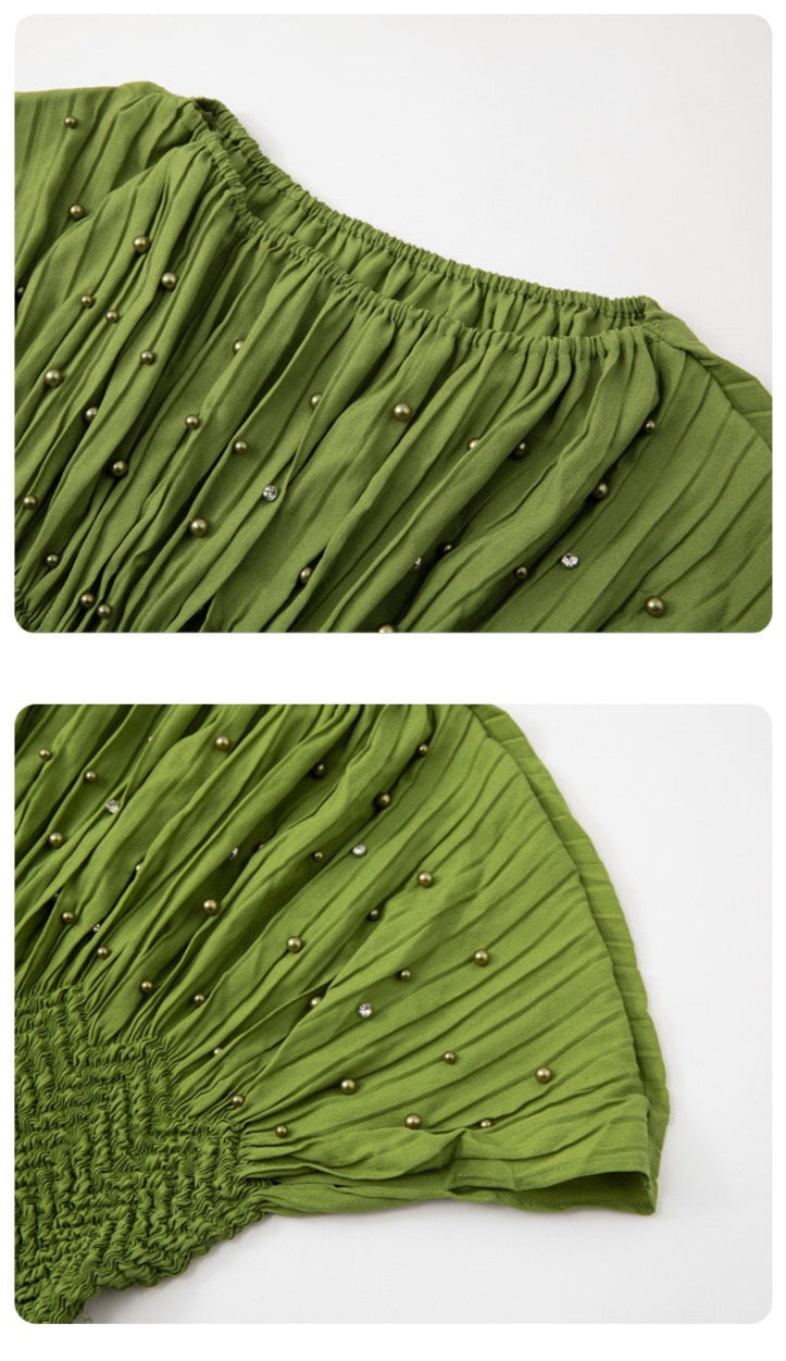 Pleated blouse top with pearls & Diamonds (Green)