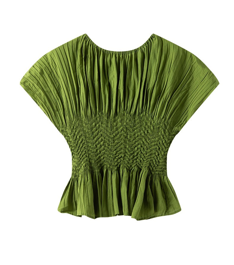 Pleated blouse top with pearls & Diamonds (Green)