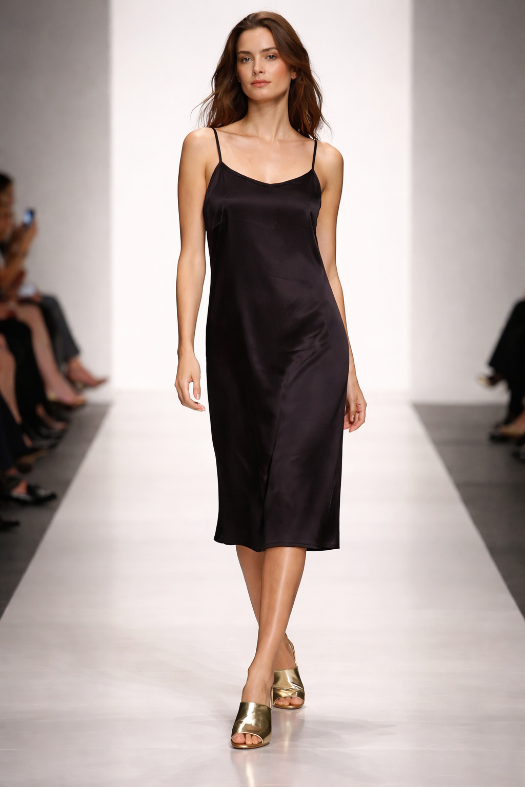 Stretch Satin Cami Dress with adjustable spaghetti straps (Black)