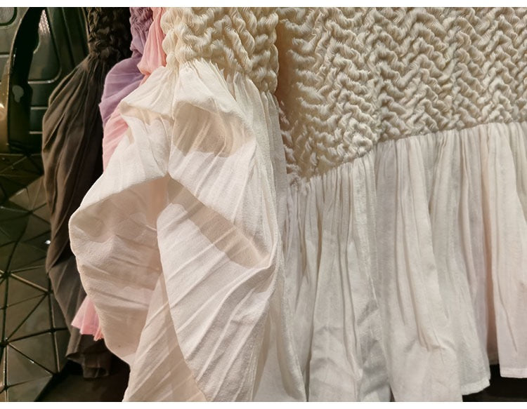 Pleated blouse top with flared sleeves & sweep (White)