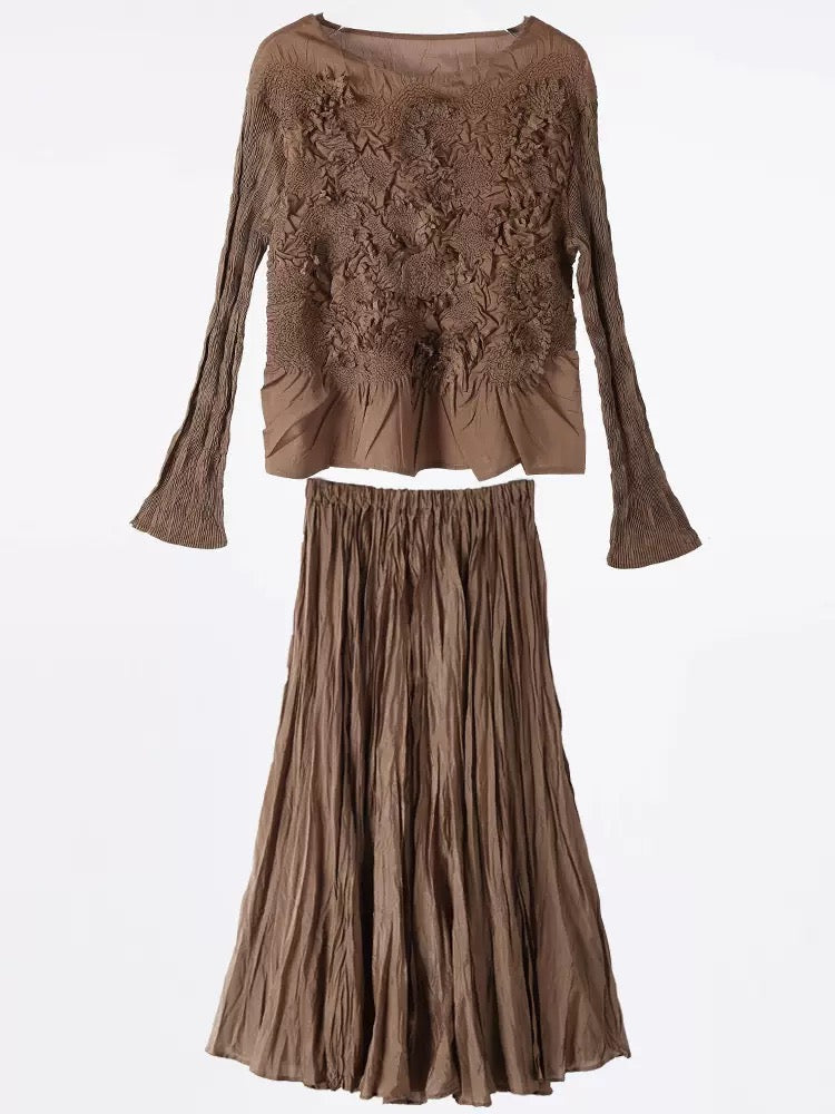 Pleated 3D flower L/S blouse (Beige)