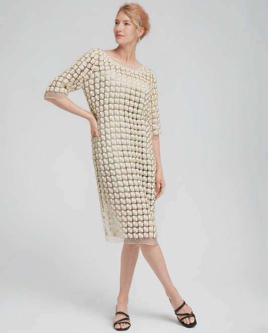 Lace Organza short sleeve Dress with matching cami dress  (Ivory)