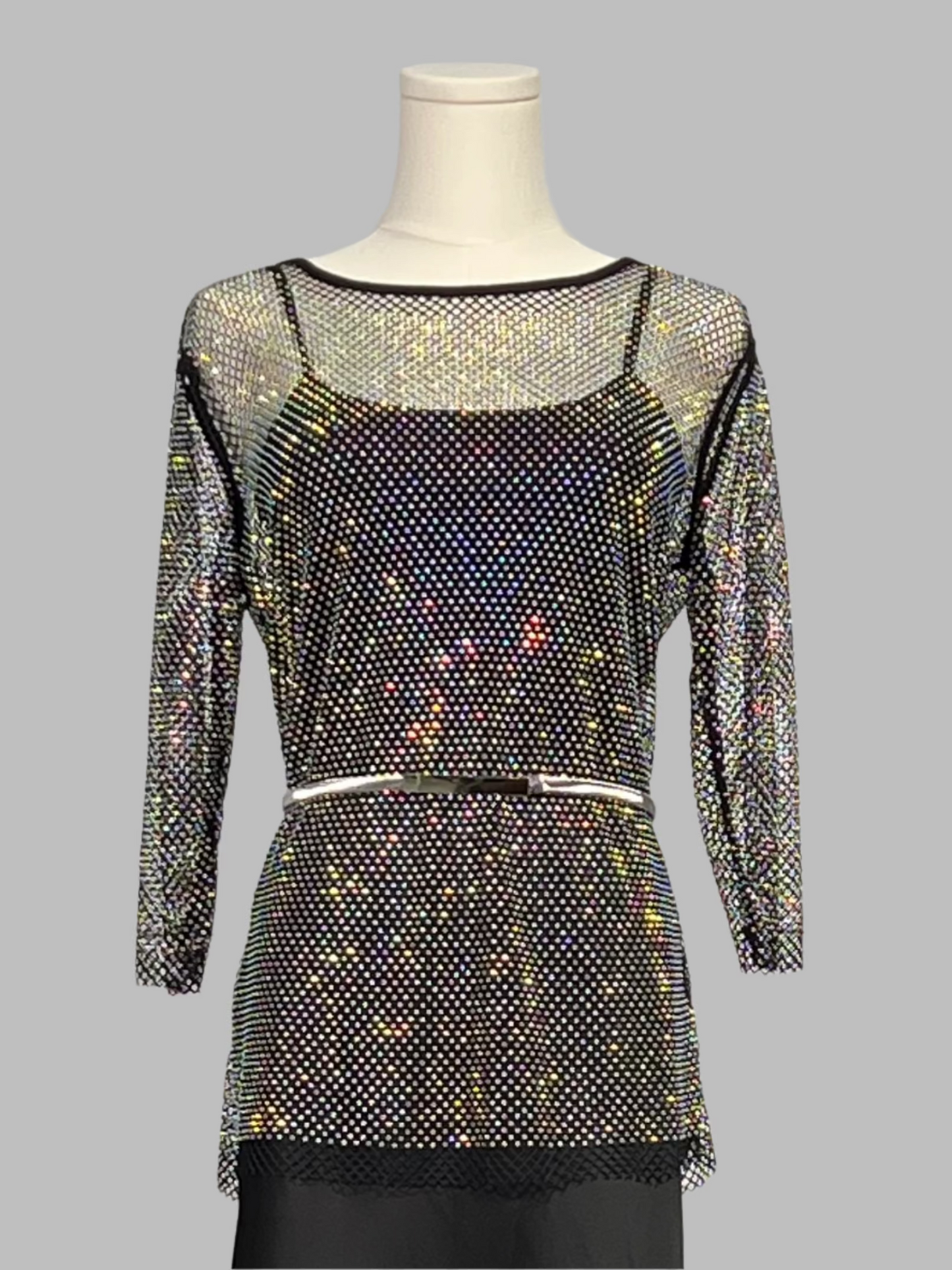 Diamond mesh 3/4 Sleeve Top with Matching Cami( 4 sizes options) (Black)